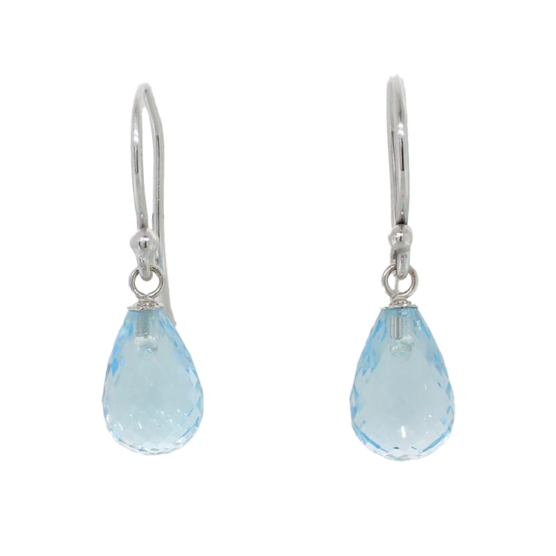 9 Carat White Gold 12mm x 8mm Briolette Drop Blue Topaz Drop Shepherd Hook Earrings