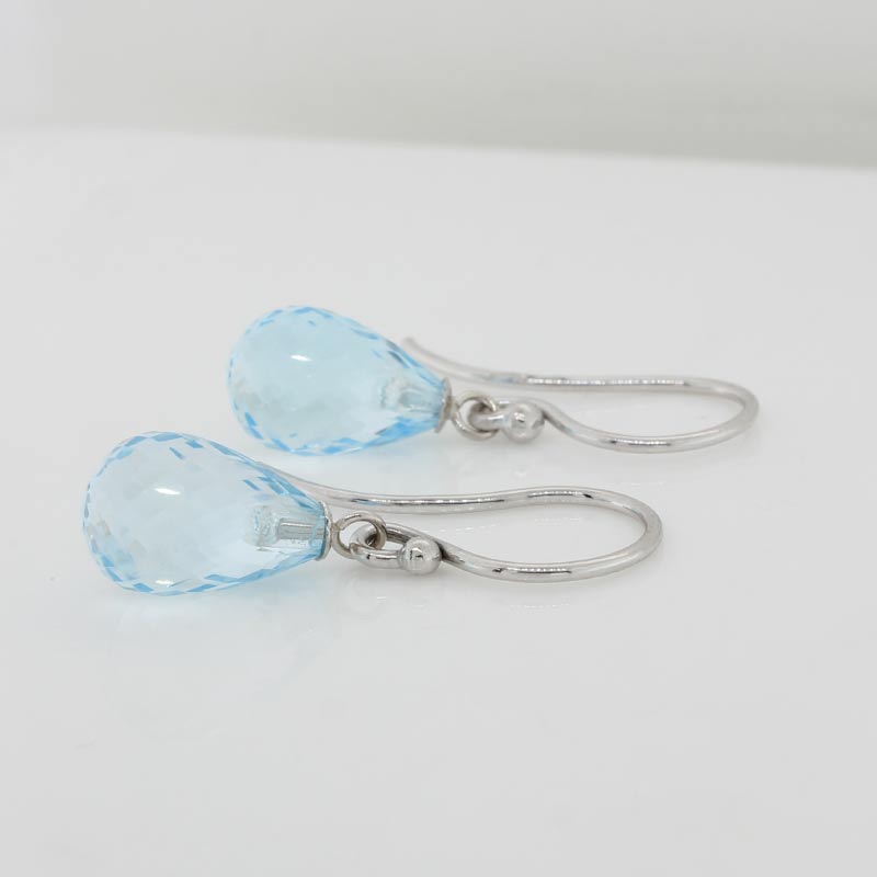 9 Carat White Gold 12mm x 8mm Briolette Drop Blue Topaz Drop Shepherd Hook Earrings