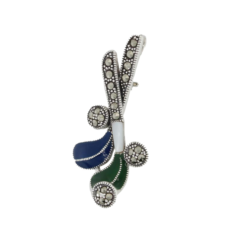 Sterling Silver Marcasite Stylised Golf Clubs / Hockey Sticks with Blue & Green Enamel Brooch / Pendant