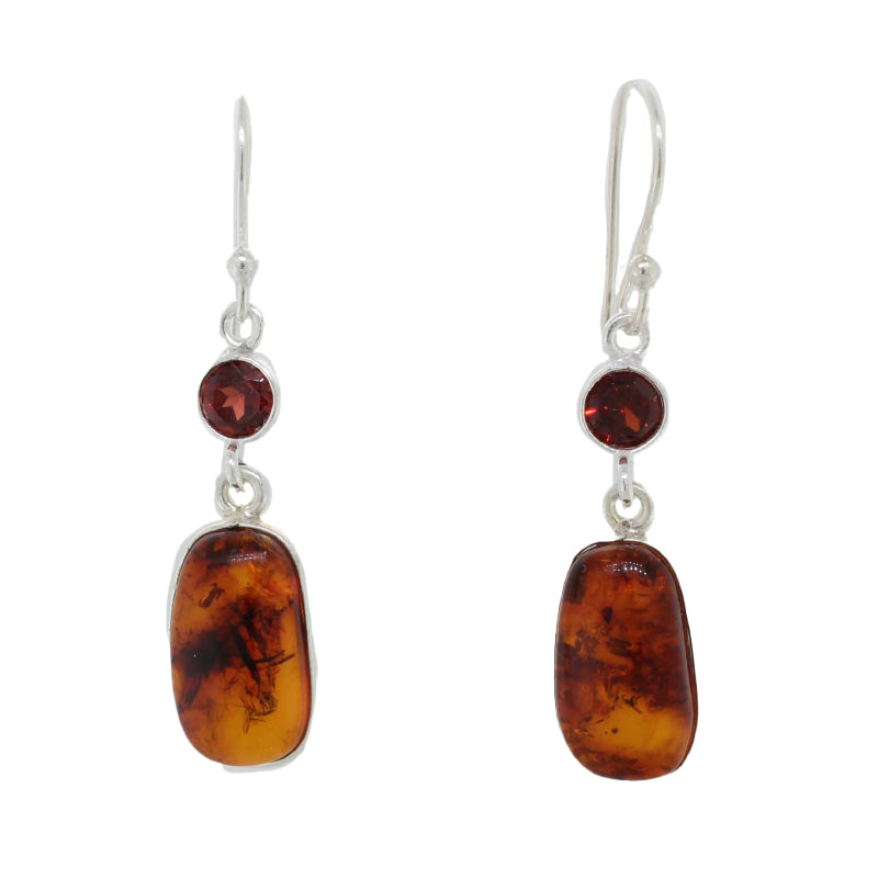 Sterling Silver Spectacle Set 15mm x 8mm Amber & 5mm Round Faceted Garnet Drop Shepherd Hook Earrings