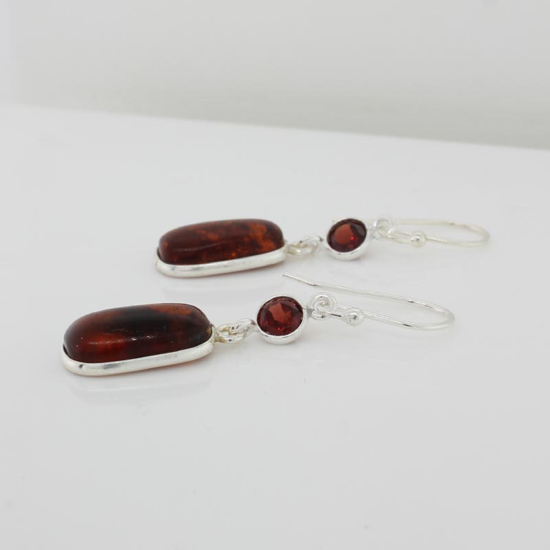 Sterling Silver Spectacle Set 15mm x 8mm Amber & 5mm Round Faceted Garnet Drop Shepherd Hook Earrings