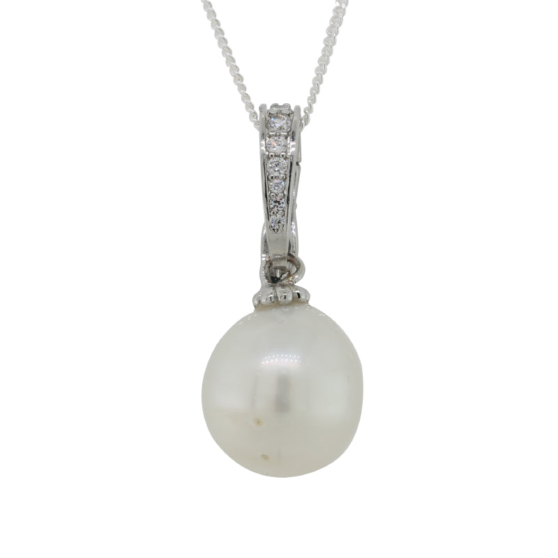 Sterling Silver Cubic Zirconia Set Enhancer with 11mm x 10mm White South Sea Pearl Drop Pendant