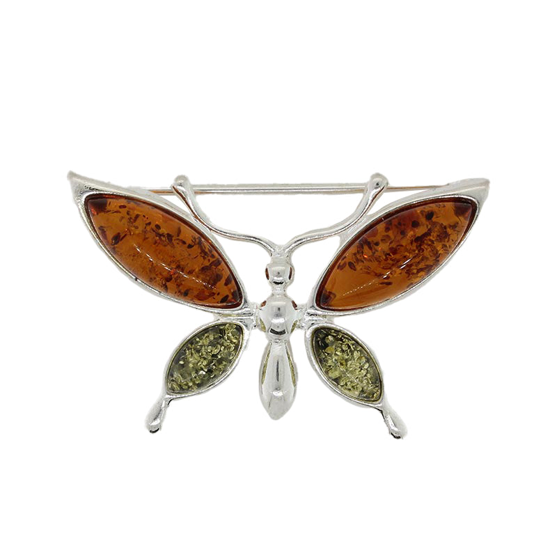 Sterling Silver Amber Butterfly Brooch - Two Tone - Orange and Yellow