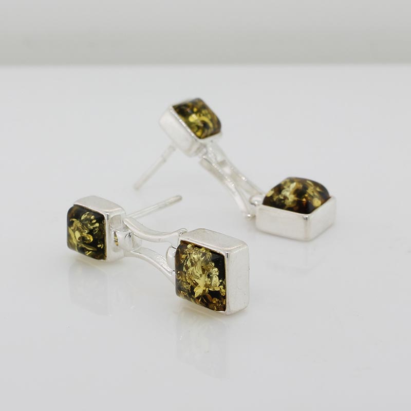 Sterling Silver Amber Green Square Cut Earrings