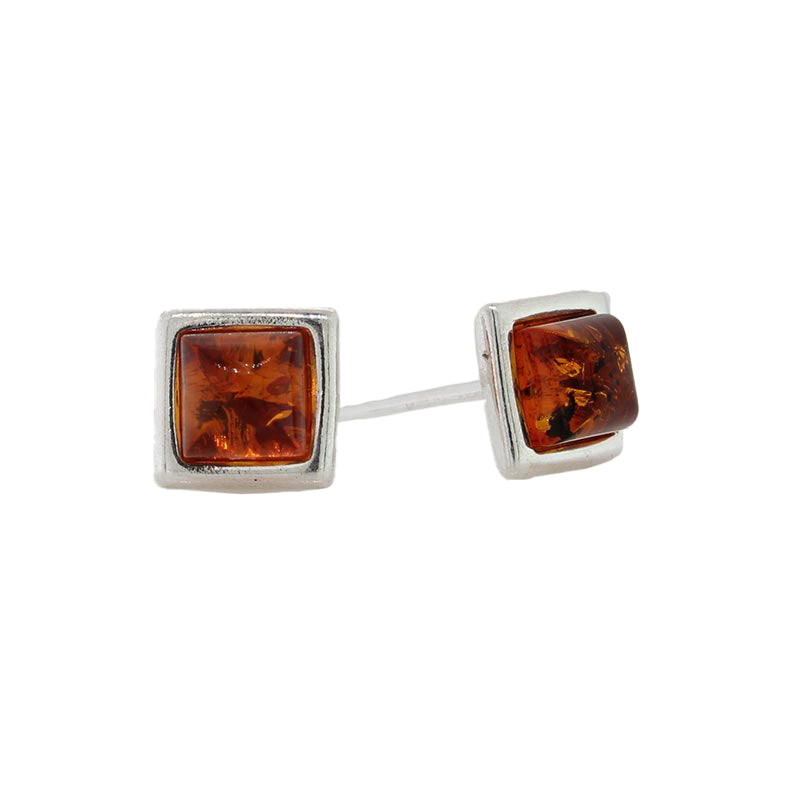 Sterling Silver Amber Square Orange Studs