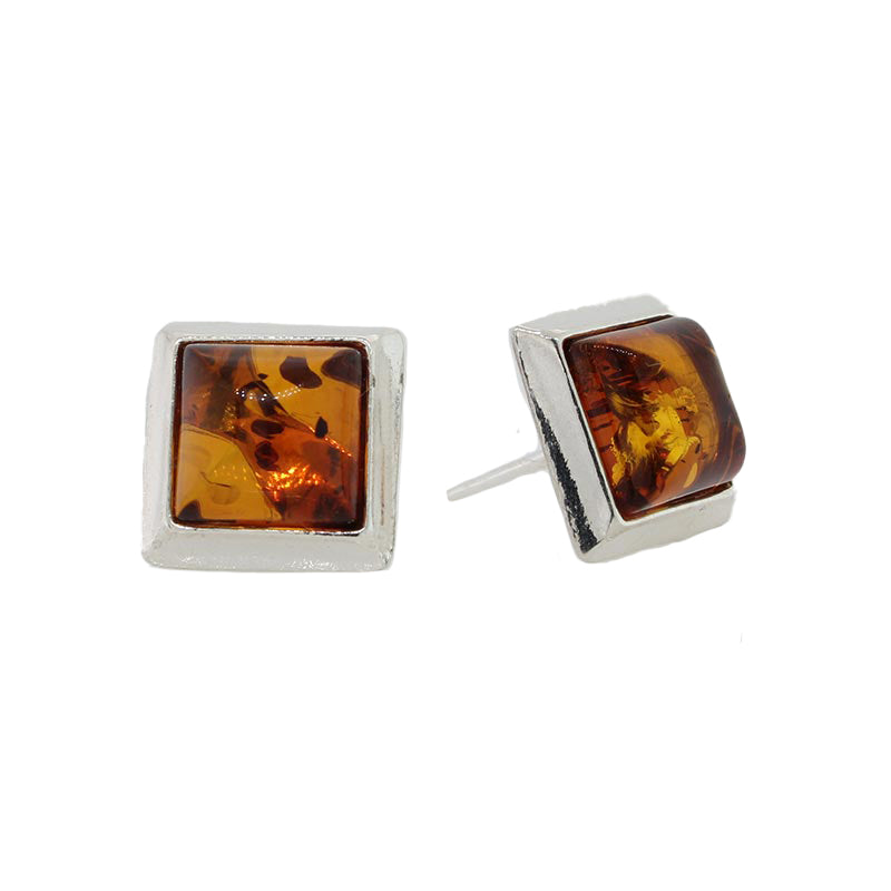 Sterling Silver Amber Orange Square Earrings