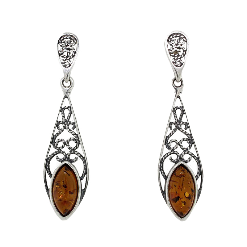 Sterling Silver Amber Filigree Drop Earrings