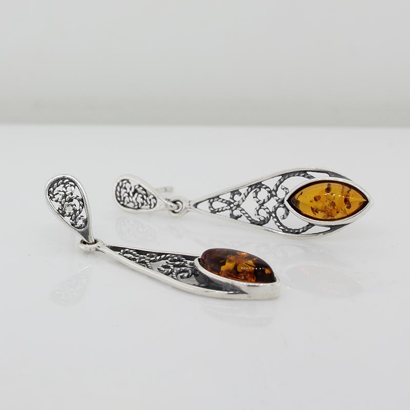 Sterling Silver Amber Filigree Drop Earrings