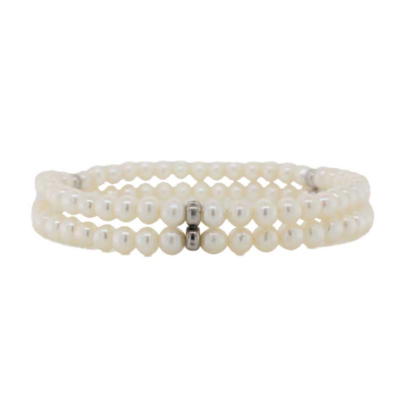 Freshwater 4.5mm Pearl Double Strand Elastic 19cm Bracelet, with Three Sterling Silver Spacers