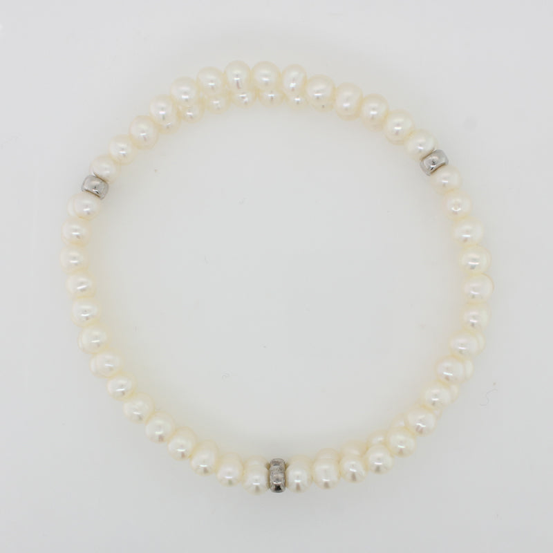 Freshwater 4.5mm Pearl Double Strand Elastic 19cm Bracelet, with Three Sterling Silver Spacers