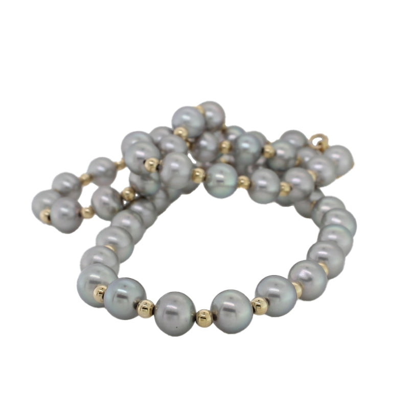 Dyed Silver Grey Freshwater Pearl 7.00mm to 7.50mm 50cm Necklace -Rolled Gold Spacers and Parrot Clasp