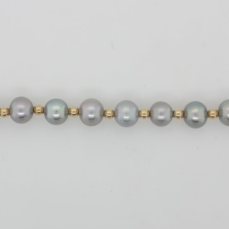 Dyed Silver Grey Freshwater Pearl 7.00mm to 7.50mm 50cm Necklace -Rolled Gold Spacers and Parrot Clasp