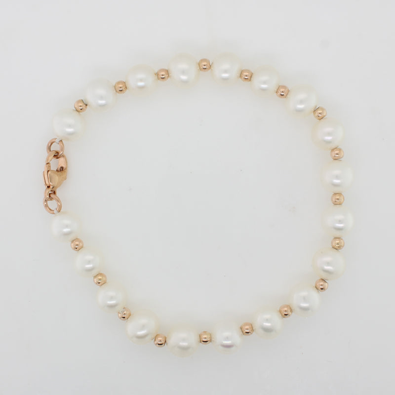 Freshwater Pearl 7.00mm to 7.5mm 19cm Bracelet - Rolled Rose Gold Spacers and Parrot Clasp