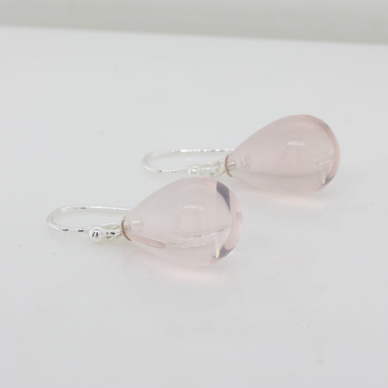 Sterling Silver Rose Quartz  A+ Grade 15mm x 10mm Smooth Drop Shepherd Hook Earrings