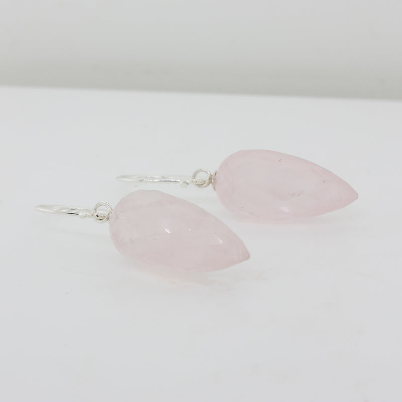 Sterling Silver Rose Quartz  A+ Grade 20mm x 10mm Inverted Briolette Drop Shepherd Hook Earrings