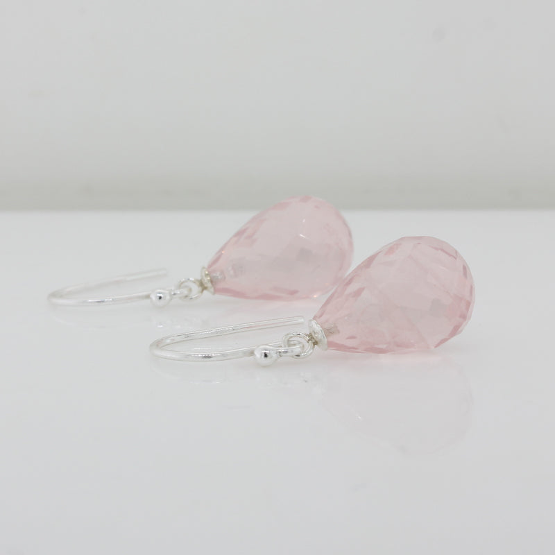 Sterling Silver Rose Quartz  A+ Grade 30mm x 10mm Briolette Drop Shepherd Hook Earrings