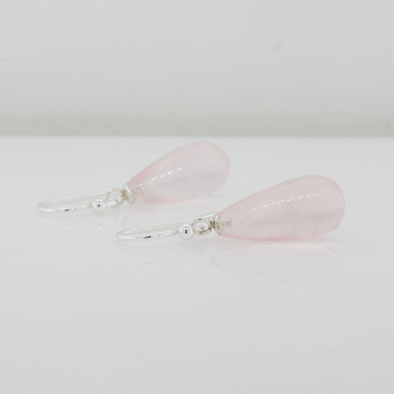 Sterling Silver Rose Quartz  AA Grade 17mm x 8mm Smooth Drop Shepherd Hook Earrings