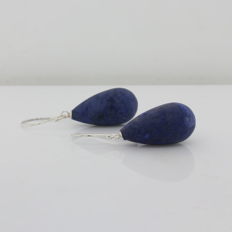 Sterling Silver Dumortierite  A Grade Matt 22mm x 12mm Smooth Drop Shepherd Hook Earrings