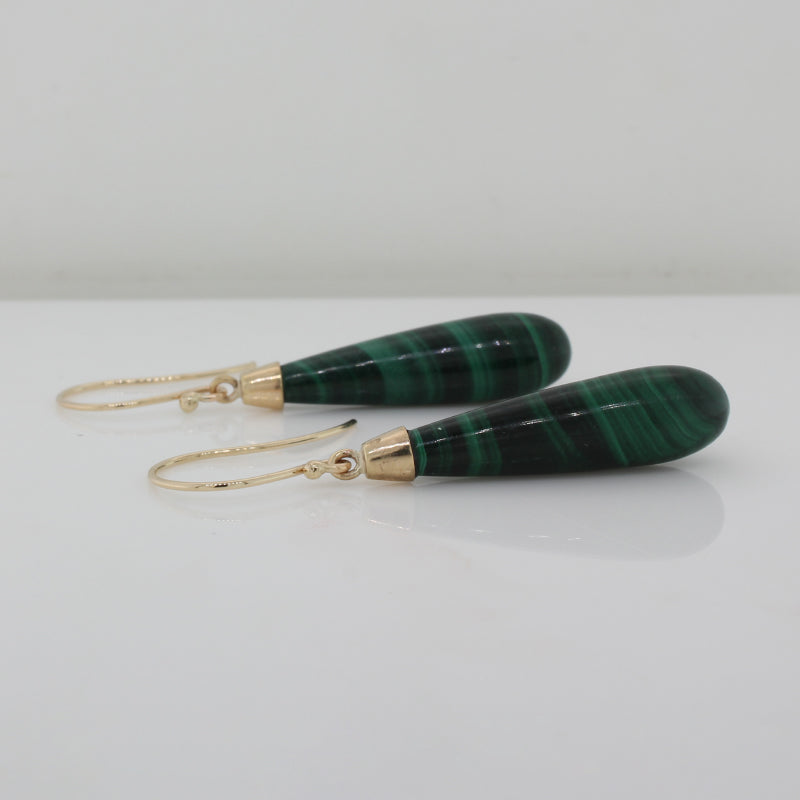 9 Carat Yellow Gold Malachite A+ 30mm x 8mm Drop Shepherd Hook Earrings