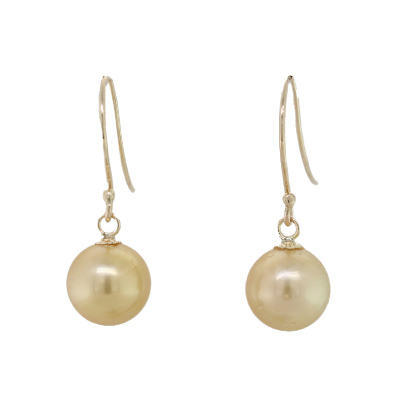 9 Carat Yellow Gold Shepherd Hook Earrings with 9.5mm to 10mm Gold South Sea Pearls