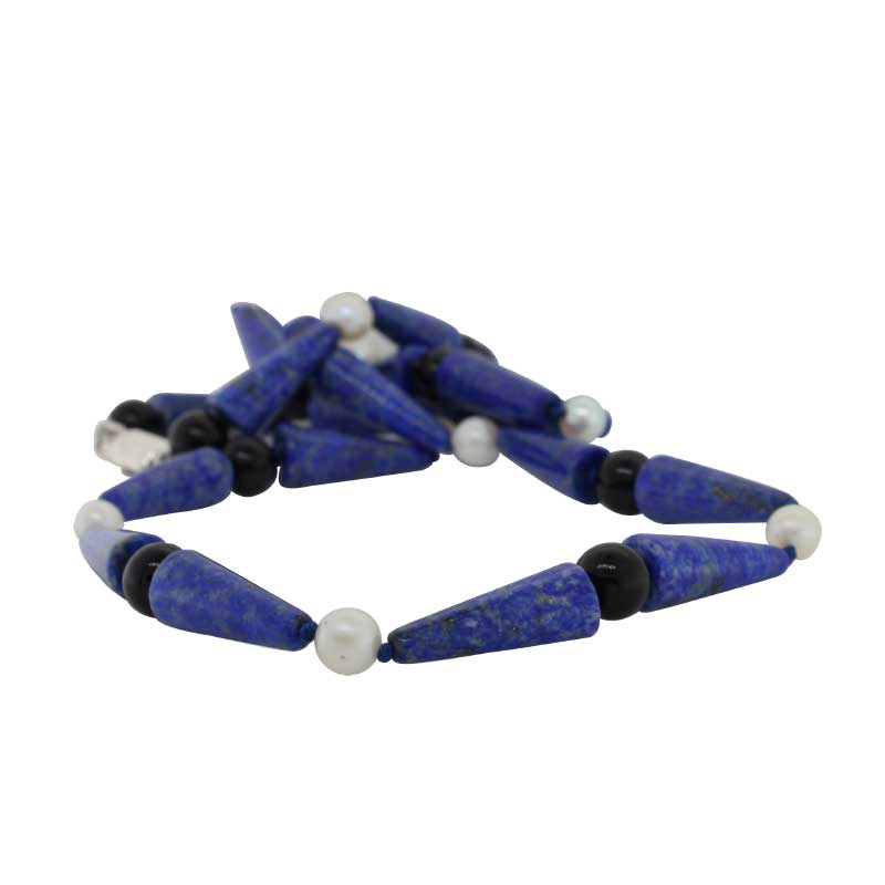 Lapis Lazuli, Black Onyx and Freshwater Pearls 48cm Necklet with Sterling Silver Parrot Clasp