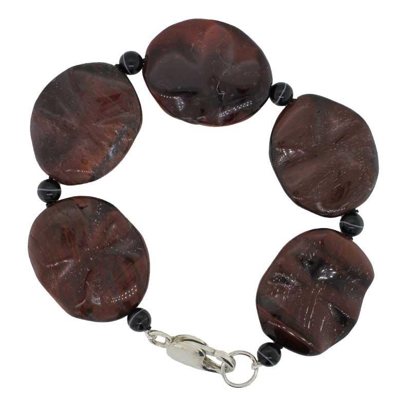 Red Tiger Eye and Black Banded Onyx 21.5cm Bracelet with Sterling Silver Parrot Clasp