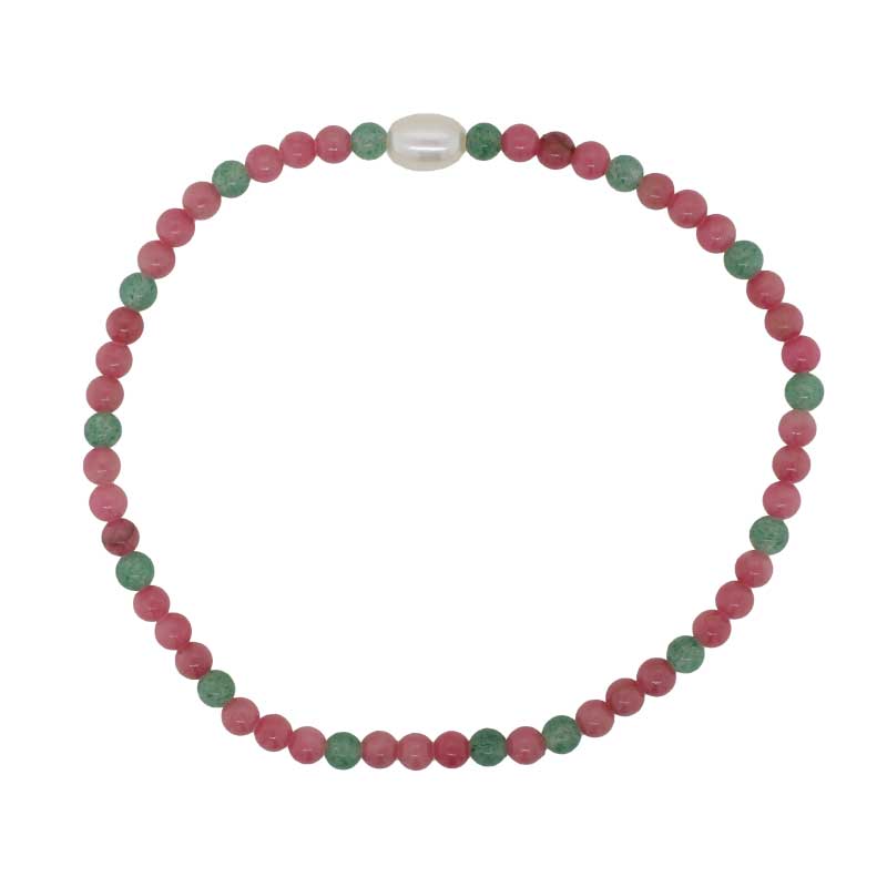 Rhodonite, Green Aventurine and Pearl Elastic Bracelet - 19cm