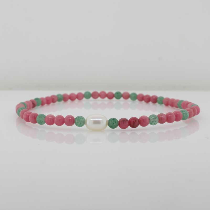 Rhodonite, Green Aventurine and Pearl Elastic Bracelet - 19cm