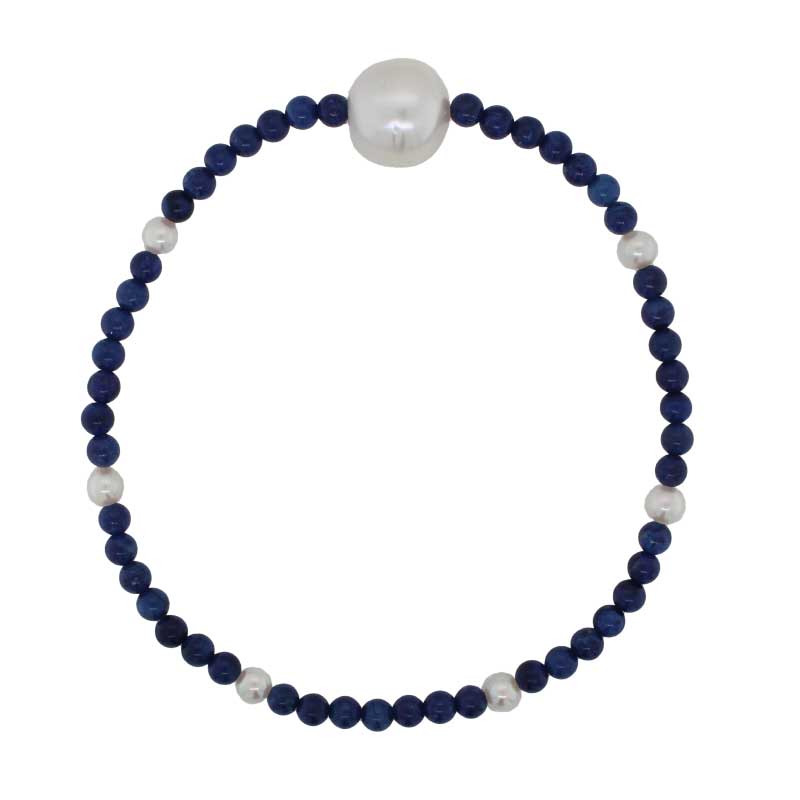 Blue Lapis Lazuli, Akoyu Pearl and South Sea Pearl Elastic Bracelet 