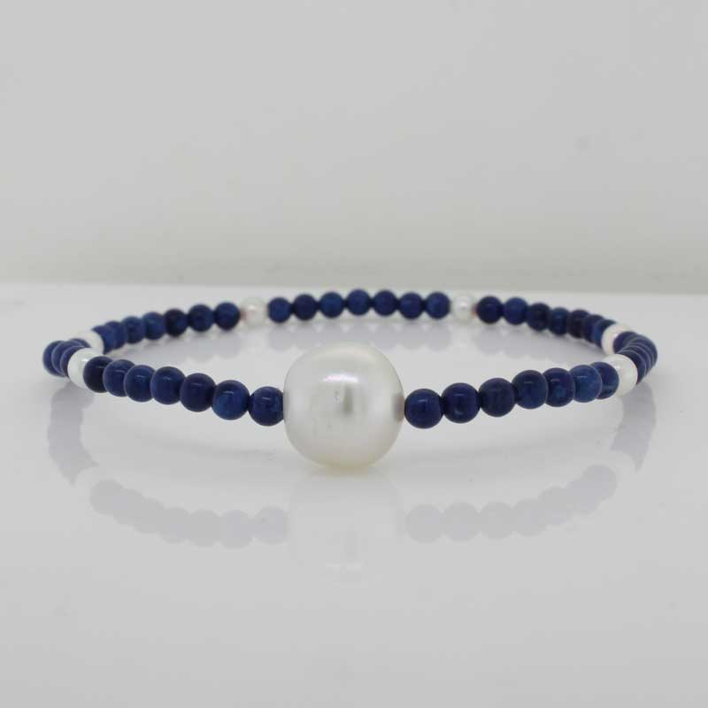 Blue Lapis Lazuli, Akoyu Pearl and South Sea Pearl Elastic Bracelet 