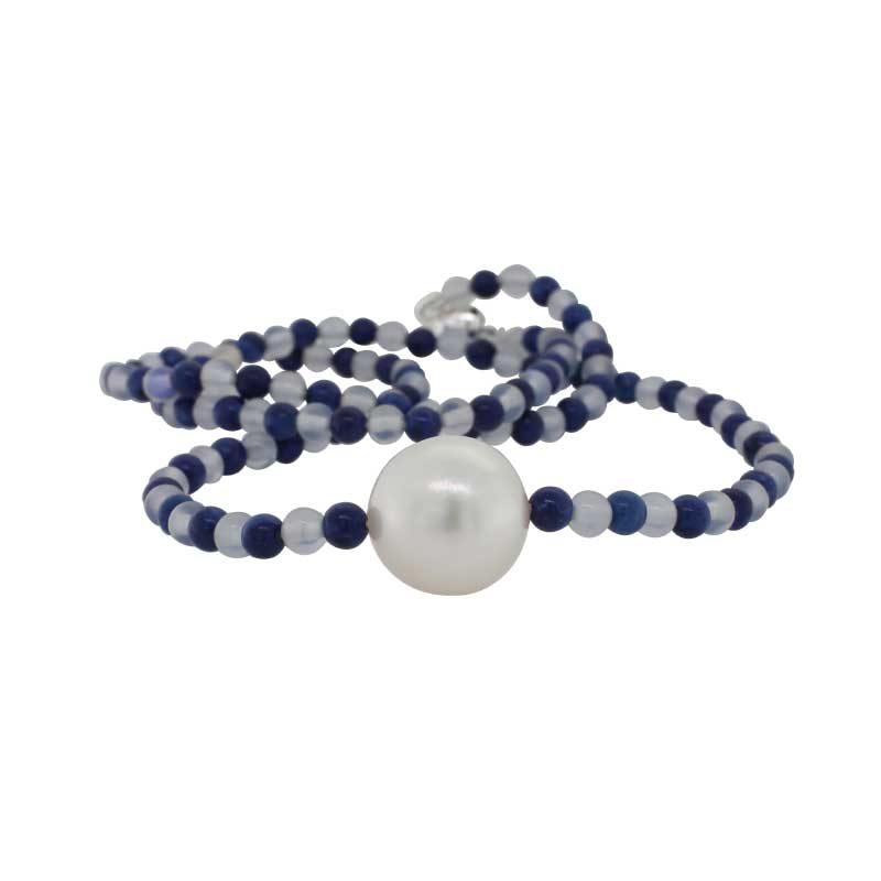 Lapis Lazuli, Blue Chalcedony and South Sea Pearl 45cm Necklet with Sterling Silver Magnetic Clasp