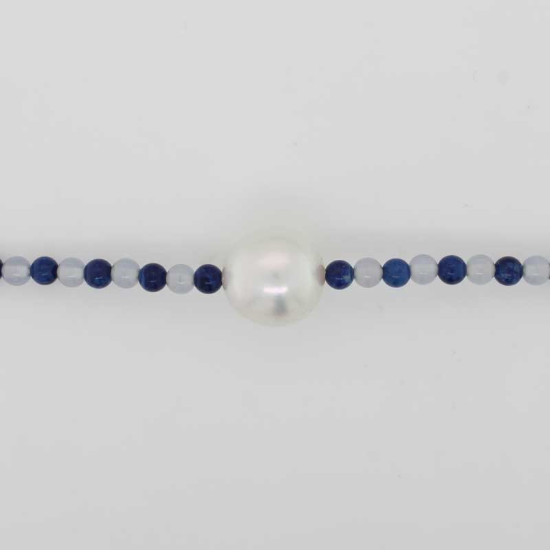 Lapis Lazuli, Blue Chalcedony and South Sea Pearl 45cm Necklet with Sterling Silver Magnetic Clasp