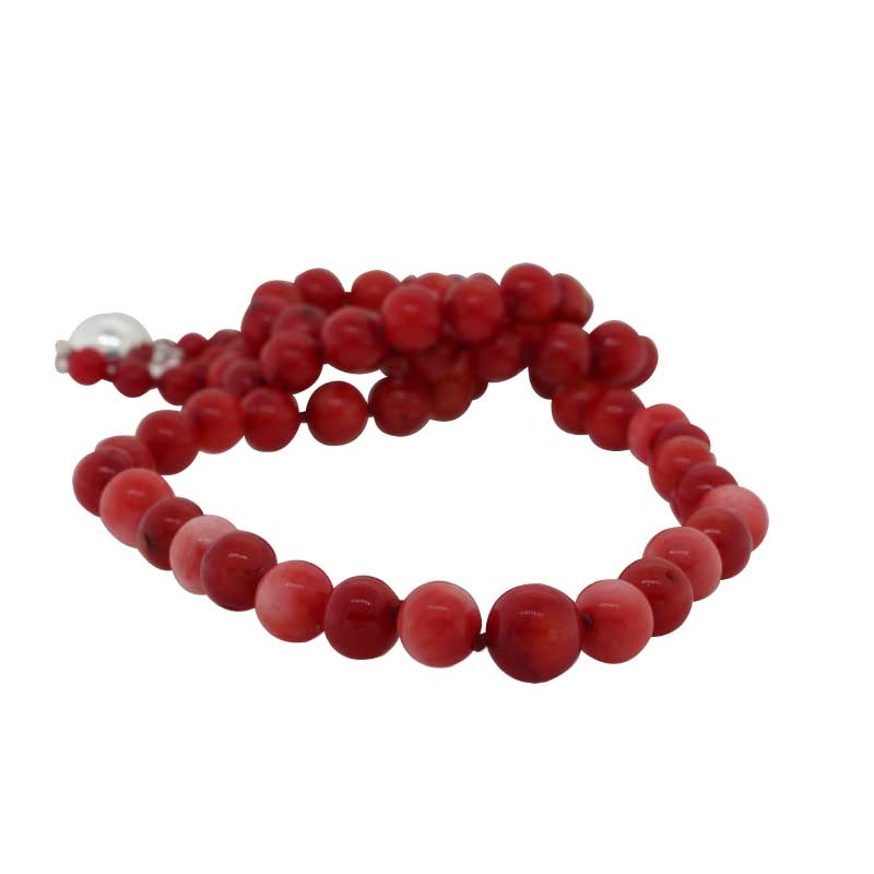 Natural Red & Pink Coral Beaded Necklet with Sterling Silver 8mm Magnetic Ball Clasp