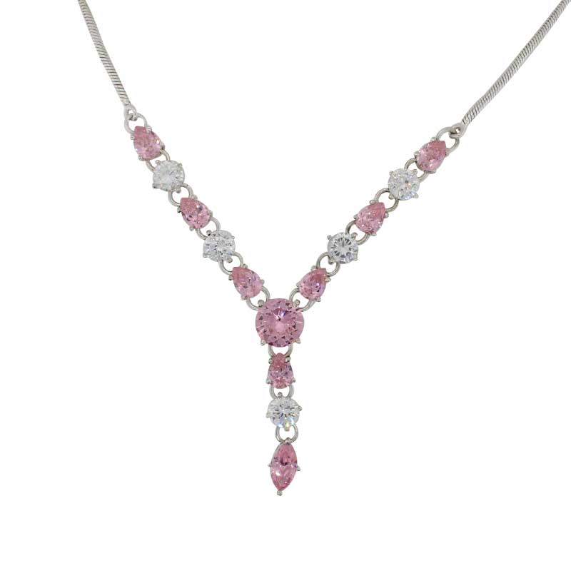 Sterling Silver Pink and Clear Cubic Zirconia Necklet - 40cm in Length with a 3.5cm Cubic Zirconia Drop