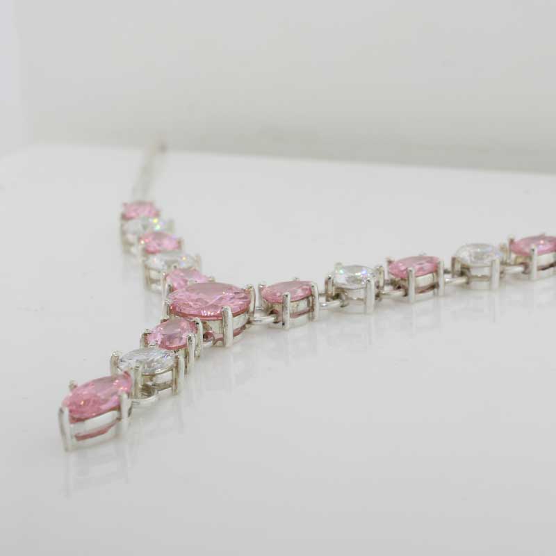 Sterling Silver Pink and Clear Cubic Zirconia Necklet - 40cm in Length with a 3.5cm Cubic Zirconia Drop