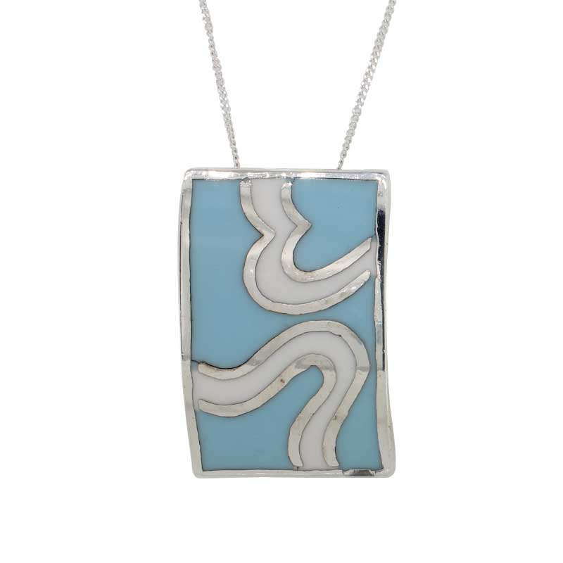 Sterling Silver Blue and White Enamel Curved Pendant with Thread Through Bail