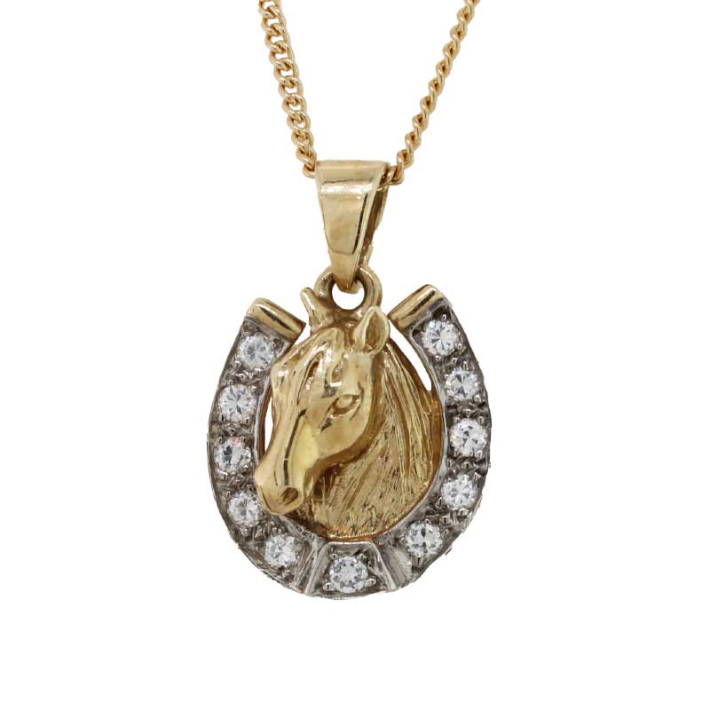 9ct Yellow Gold and Cubic Zirconia Horse and Horseshoe Pendant - 4.52gYG