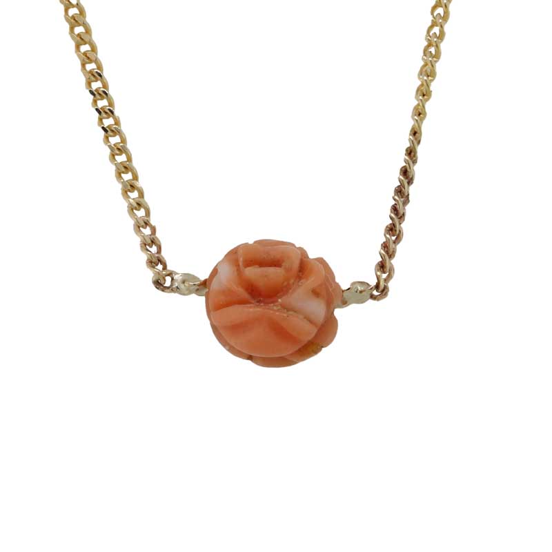 9 Carat Yellow Gold 40cm Fine Curb Chain with 6mm Carved Rose in Coral Necklet 