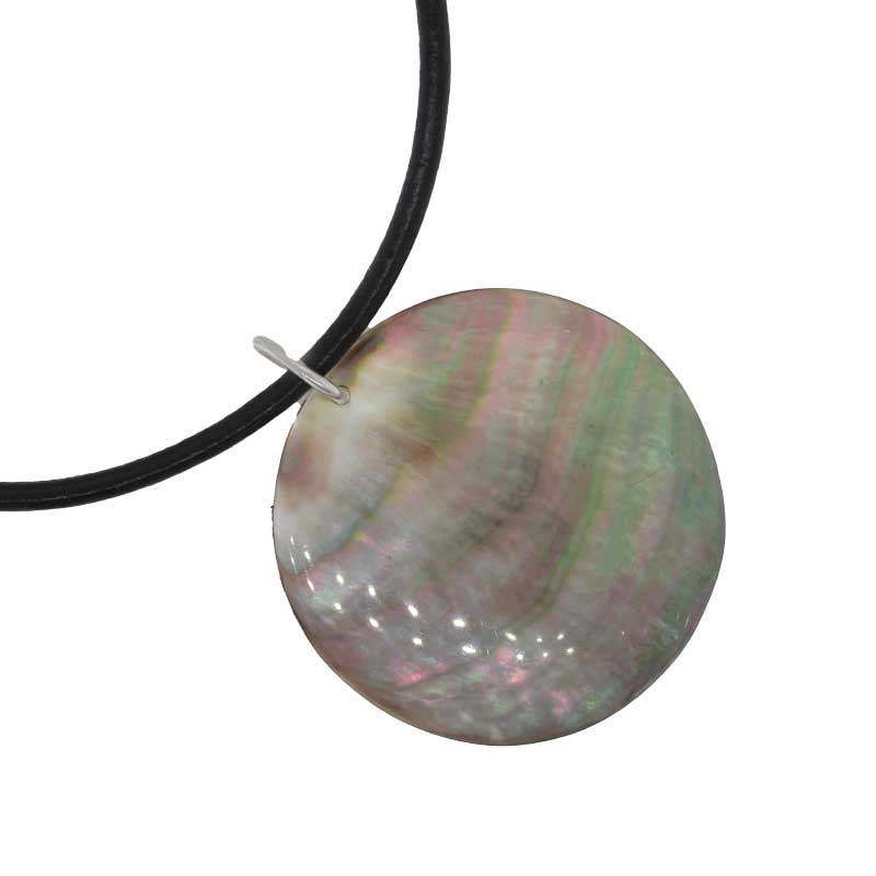 Tahitian Mother of Pearl Shell Round Pendant (5cm diameter) on a 50cm Black Leather Necklet with Sterling Silver End Caps 