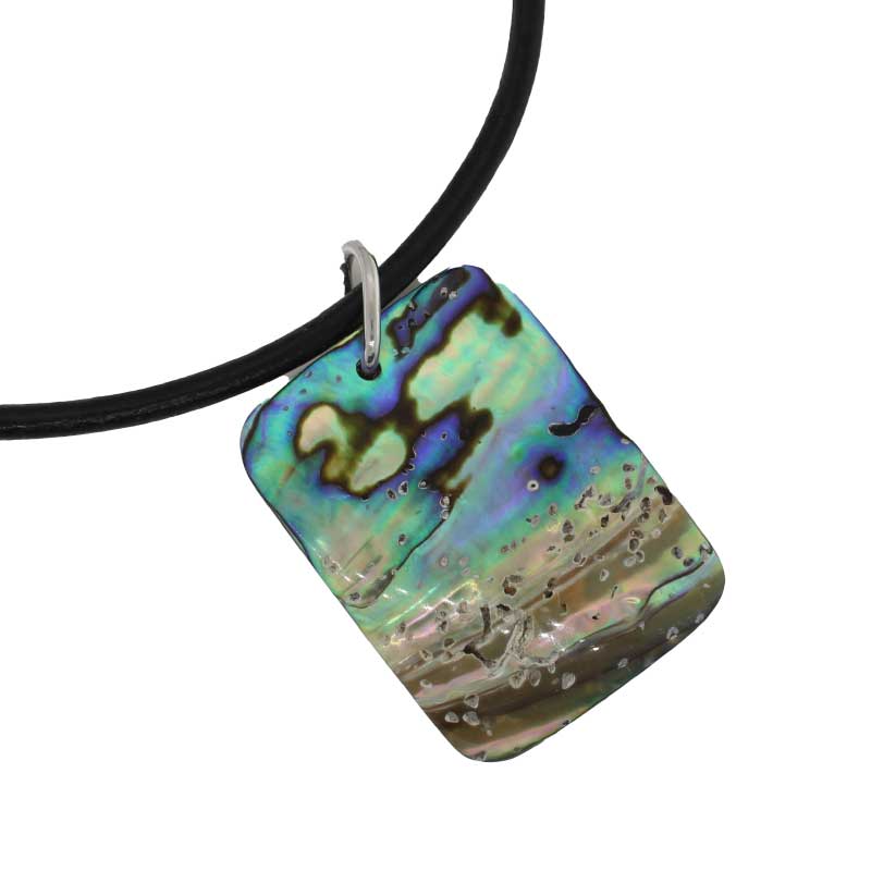 NZ Shell Paua Rectangle (40mm x 30mm) Pendant on a 50cm Black Leather Necklet with Sterling Silver End Caps 