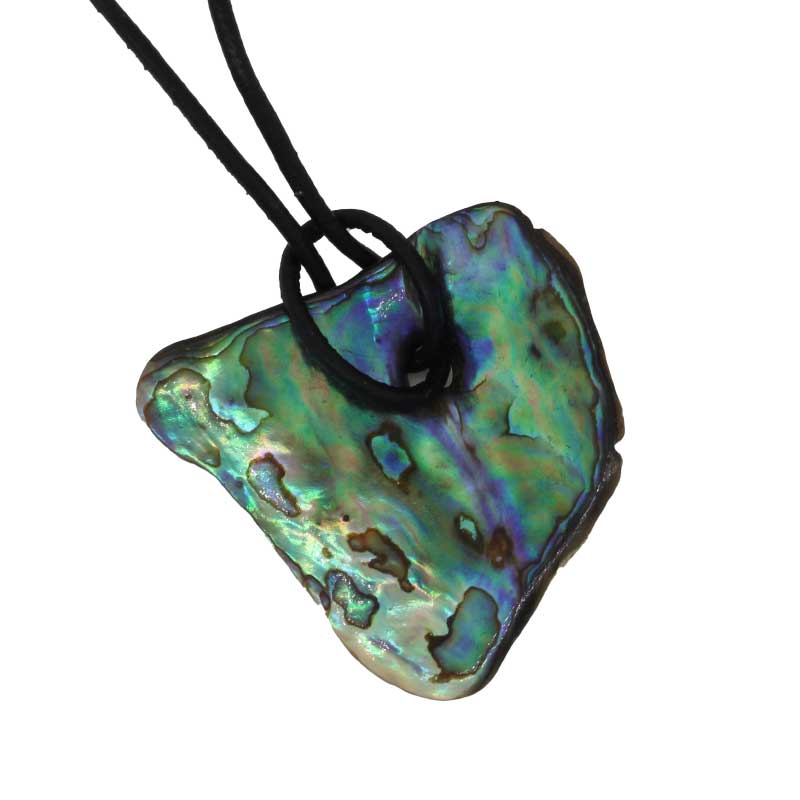 NZ Shell Paua Shaped like Tasmania (35mm x 30mm) Pendant on a 45cm Black Leather Necklet with Sterling Silver End Caps 