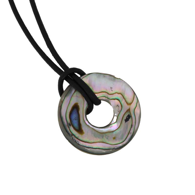 NZ Shell Paua Holey Dollar (25mm diameter ) Pendant on a 45cm Black Leather Necklet with Sterling Silver End Caps 