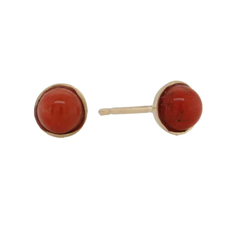 9 Carat Yellow Gold 5mm Round Coral Stud Earrings with a Gold Surround