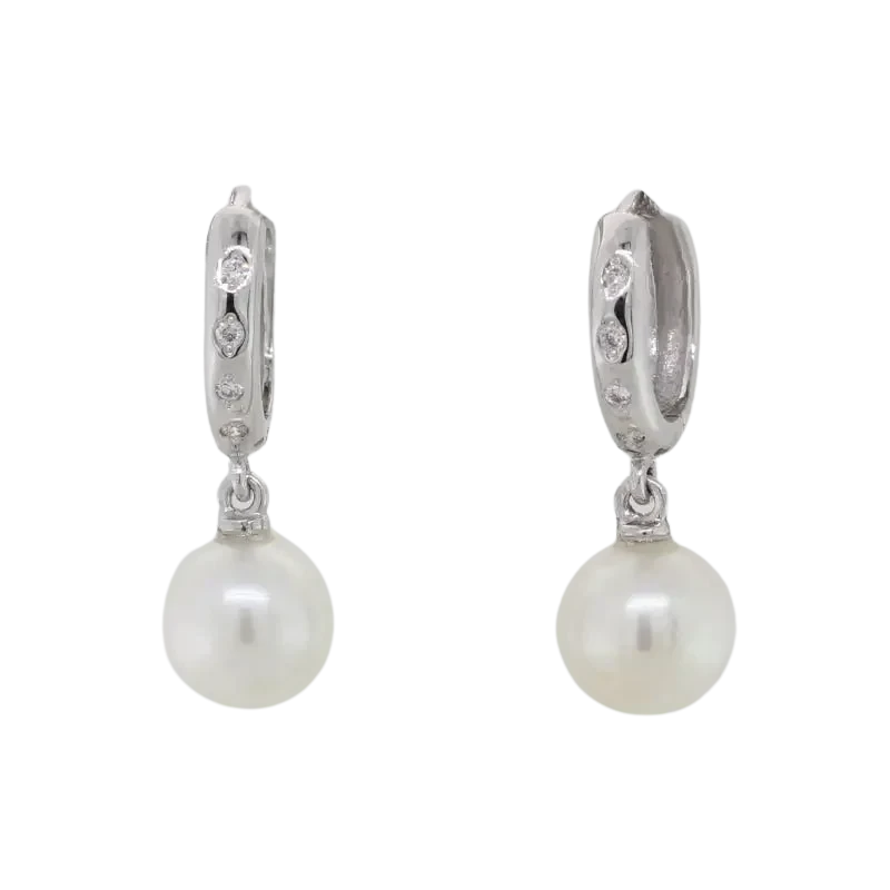 9 Carat White Gold Diamond 8=0.08ct G/SI Huggie 7.5mm to 8mm AA Grade South Sea Pearl Earrings