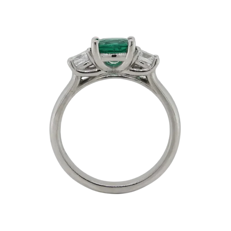 Platinum Emerald Square Cushion Shape 6.6mm x 6.4mm 1.06ct Mid Green & Trilogy Cushion Diamond Ring