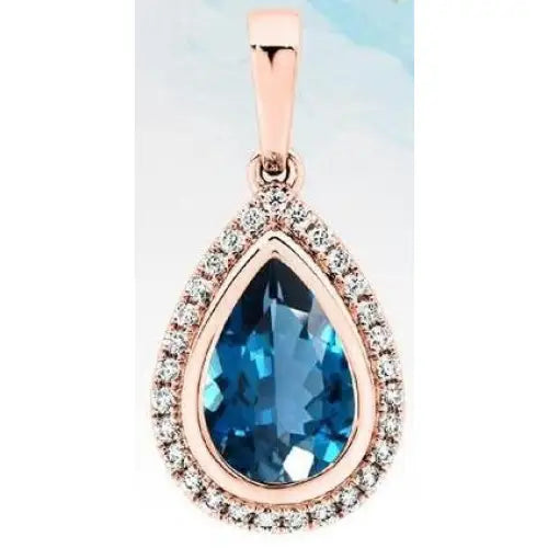 18 Carat Rose Gold Blue Topaz 1.51ct & Diamond 0.10ct Halo Pendant