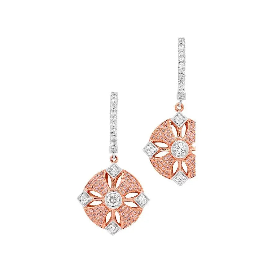 18 Carat Rose & White Gold Diamond & Pink Diamond (from the Argyle Mine) Huggie Drop Earrings