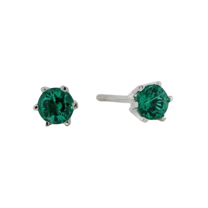 18 Carat White Gold 4mm Round Biron Emerald Stud Earrings