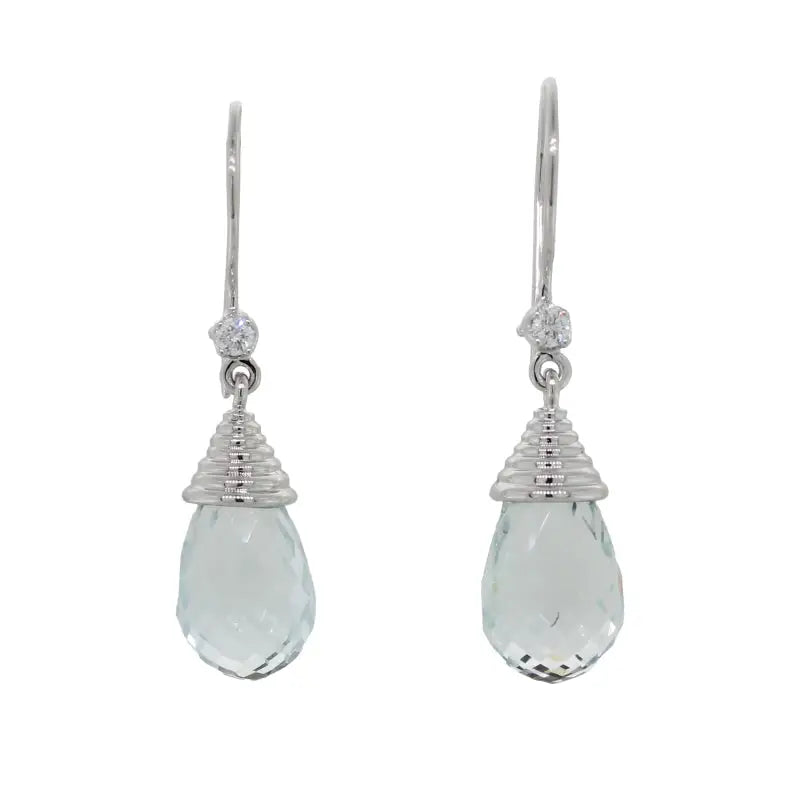 18 Carat White Gold Aquamarine Drop Briolette Cut 15 x 8mm 11.38ct Light Blue, Closing Shepherd Hooks with 0.04 carat Round Brilliant Diamond 