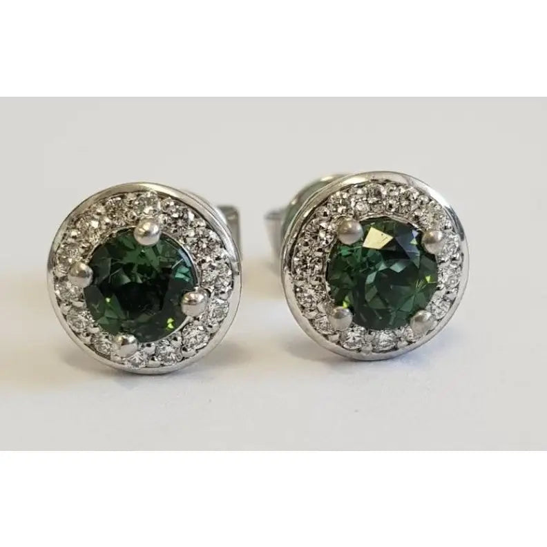 18 Carat White Gold Round Green Tourmaline with Halo Diamonds Stud Earrings